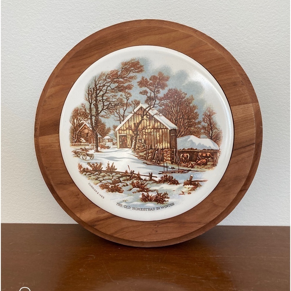 Vintage Currier and Ives Wooden Cutting Board or Trivet